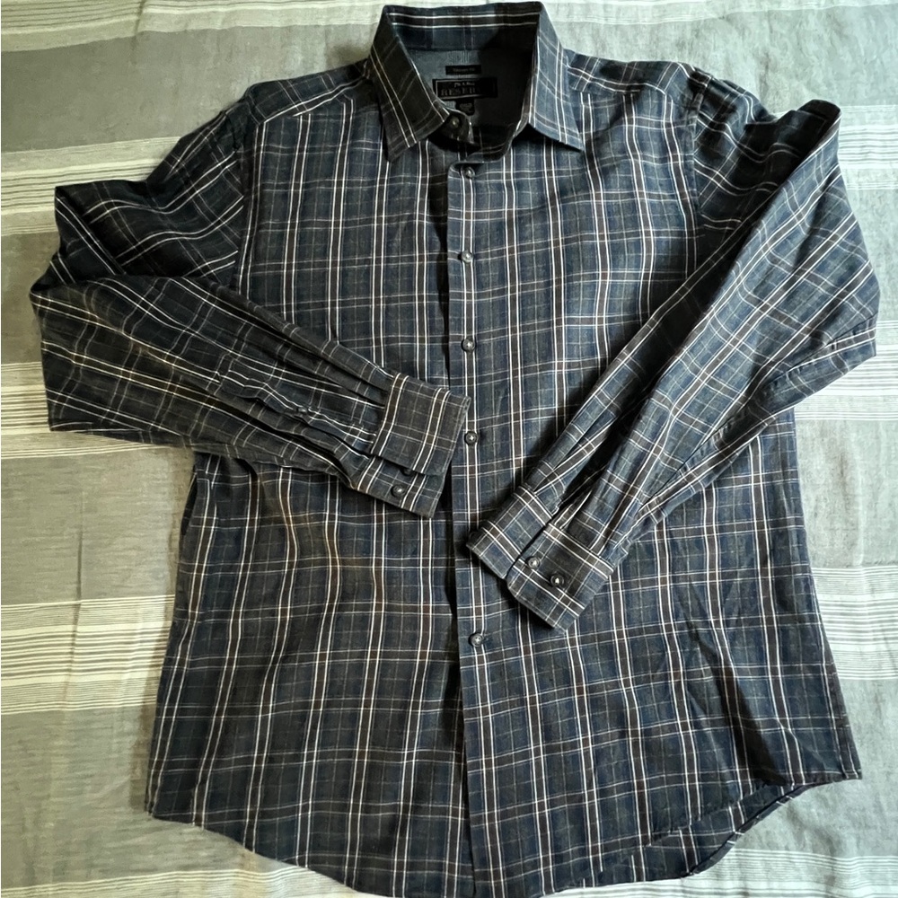 Men's Jos A Bank Reserve Gray Plaid Button-Down Shirt Tailored Fit Size Large